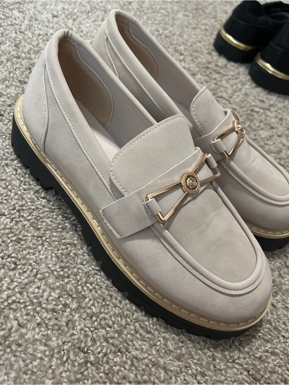Women’s Cream Suede Loafers with Gold Accent Hardware
